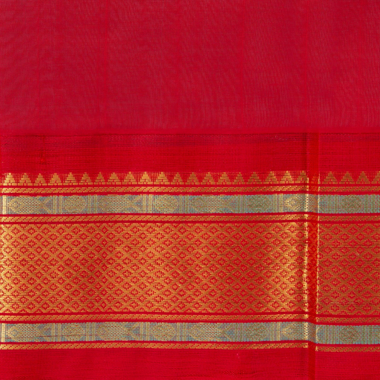 Teal And Red Kanchi Silk Cotton Saree With Rudraksha Motifs For Festive Wear VP SC 162