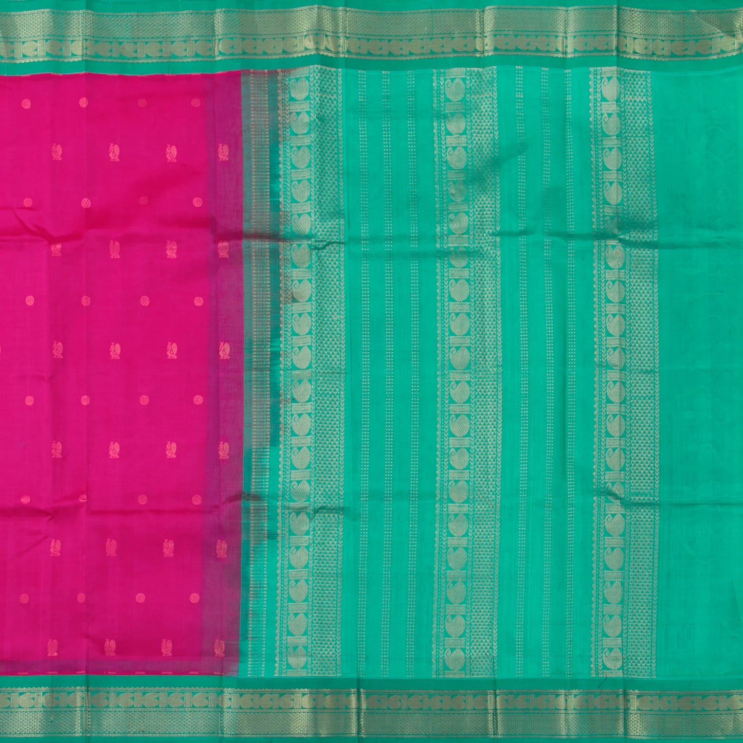 Magenta And Turquoise Green Kanchi Silk Cotton Saree With Annam Chakram Motifs For Festive Wear VP SC 160