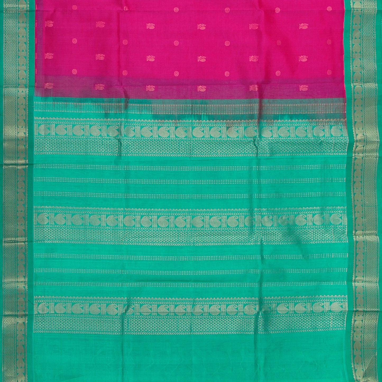 Magenta And Turquoise Green Kanchi Silk Cotton Saree With Annam Chakram Motifs For Festive Wear VP SC 160
