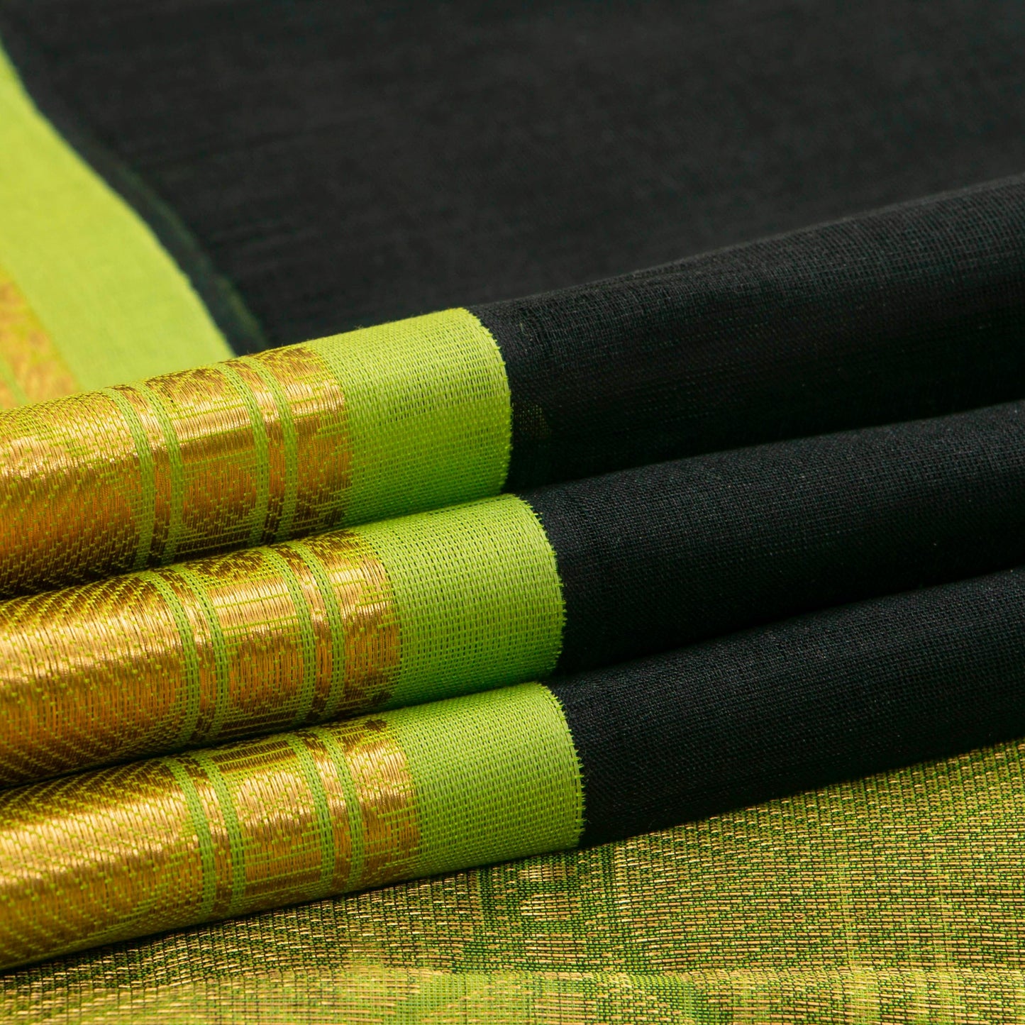 Black And Green Kanchi Silk Cotton Saree With Korvai Border For Office Wear VP SC 155