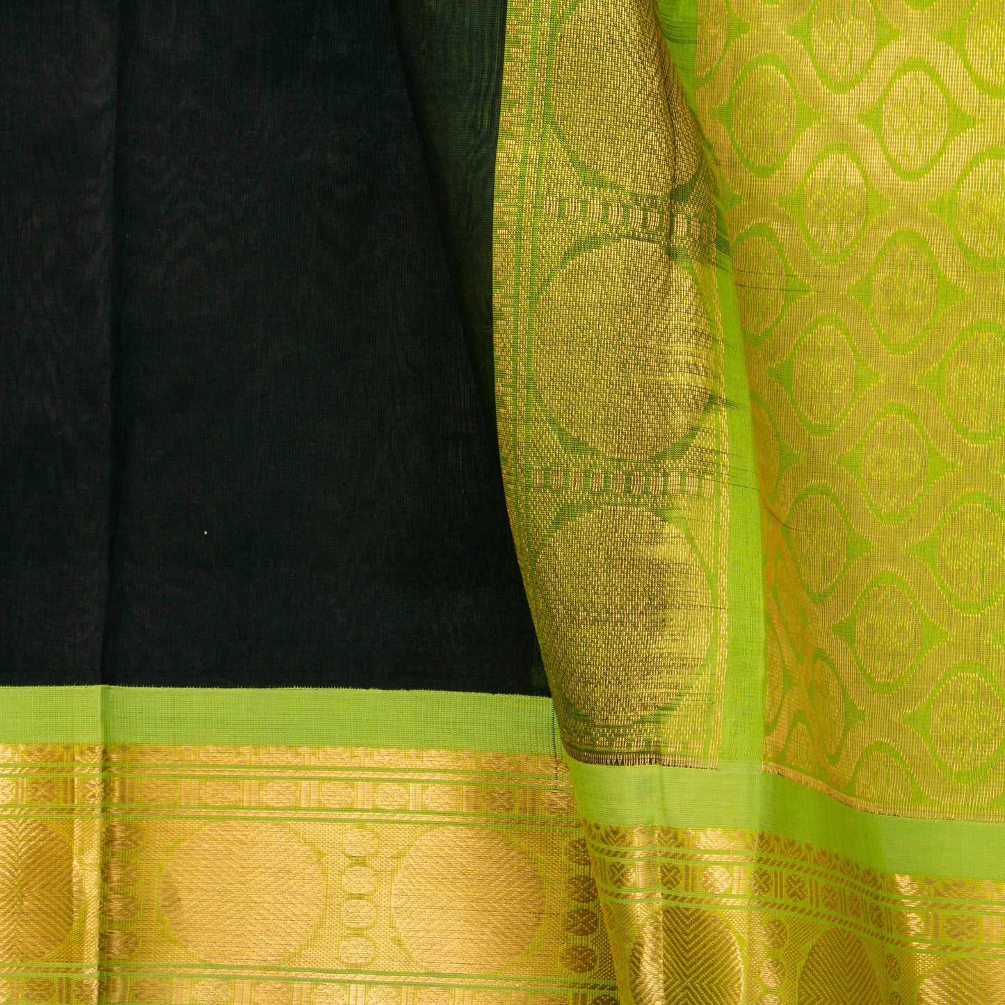 Black And Green Kanchi Silk Cotton Saree With Korvai Border For Office Wear VP SC 155