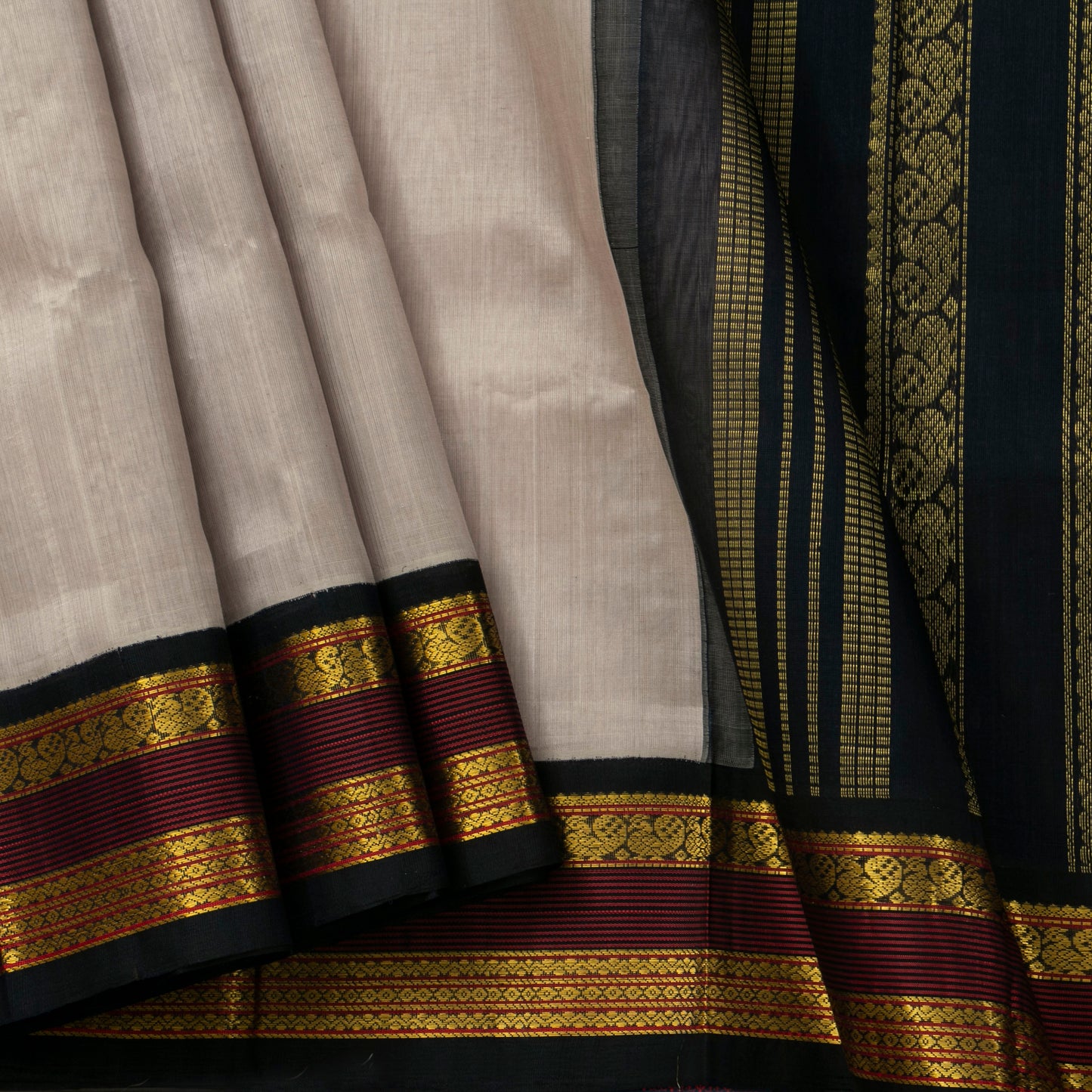 Grey And Black Kanchi Silk Cotton Saree For Festive Wear VP SC 145