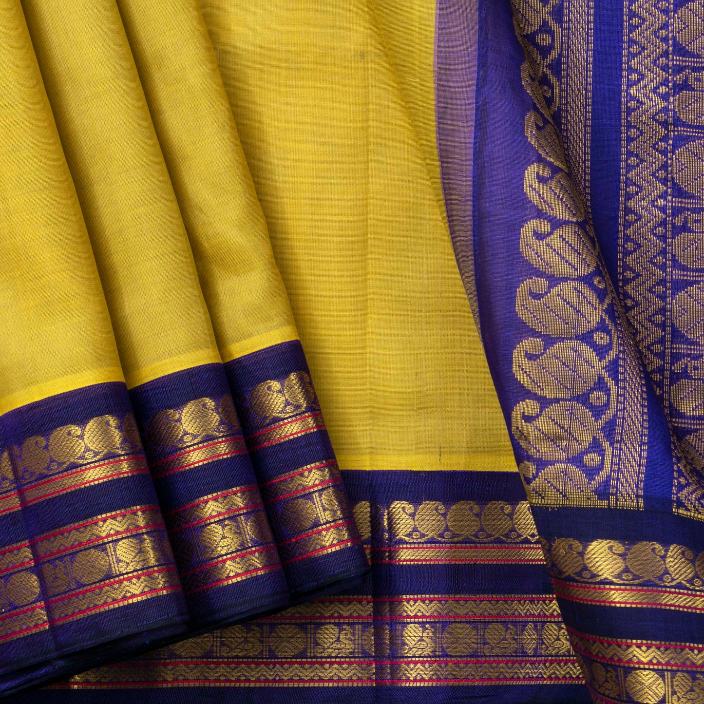 Yellow Ochre And Blue Kanchi Silk Cotton Saree For Festive Wear VP SC 150