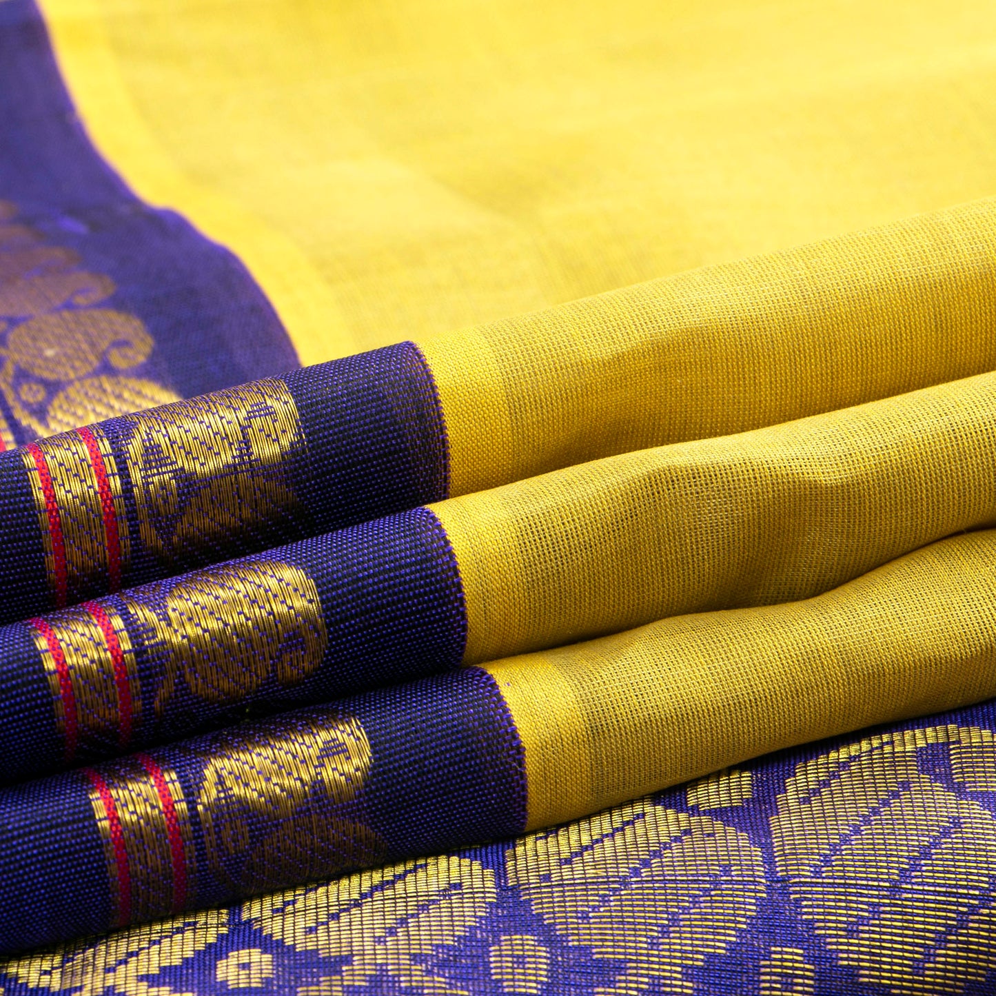 Yellow Ochre And Blue Kanchi Silk Cotton Saree For Festive Wear VP SC 150