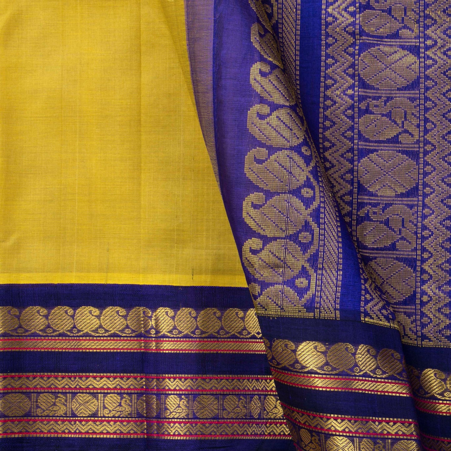 Yellow Ochre And Blue Kanchi Silk Cotton Saree For Festive Wear VP SC 150