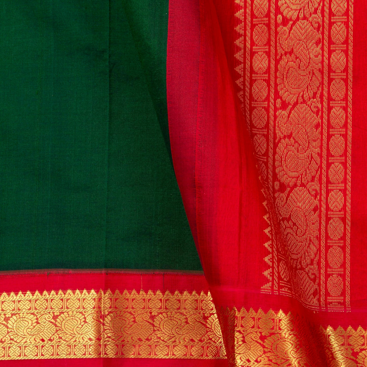 Green And Red Kanchi Silk Cotton Saree With Korvai Border For Festive Wear VP SC 157