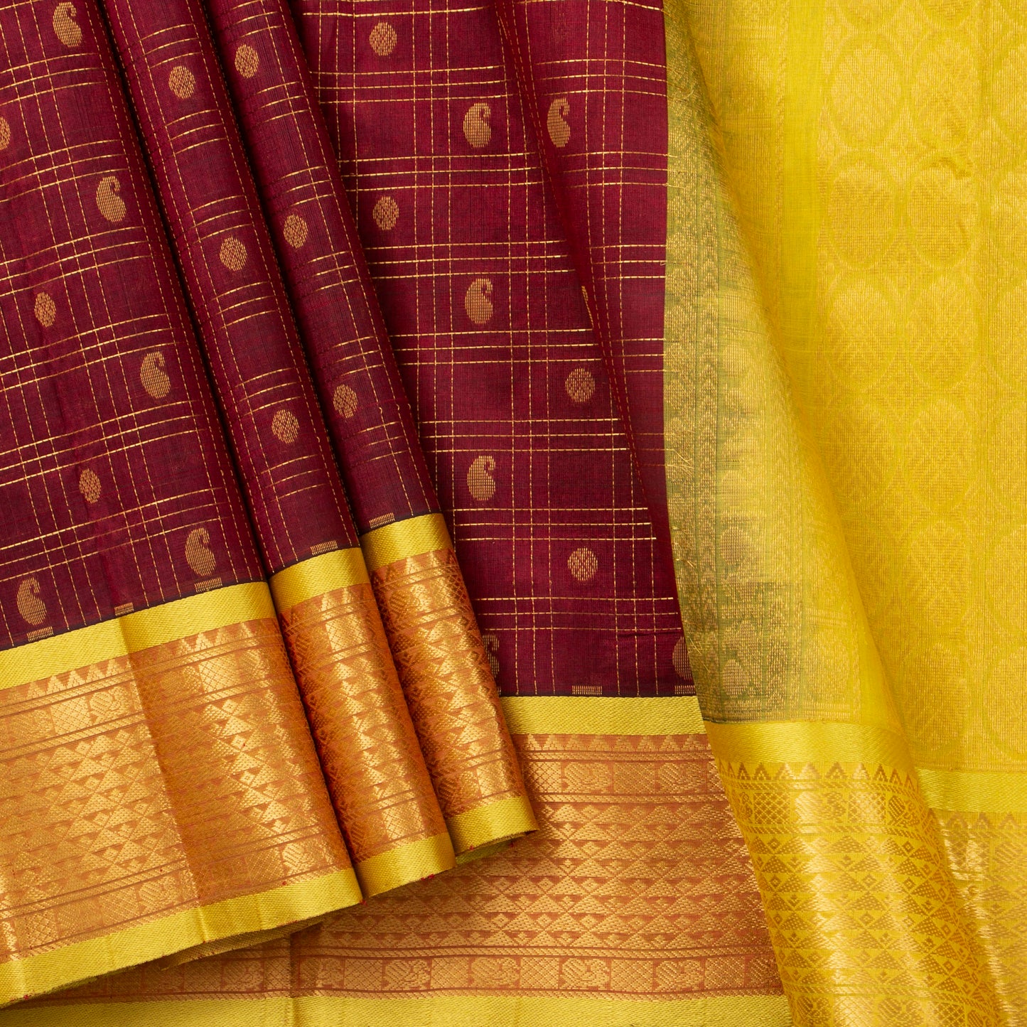 Maroon And Lemon Yellow Kanchi Silk Cotton Saree For Festive Wear VP SC 137