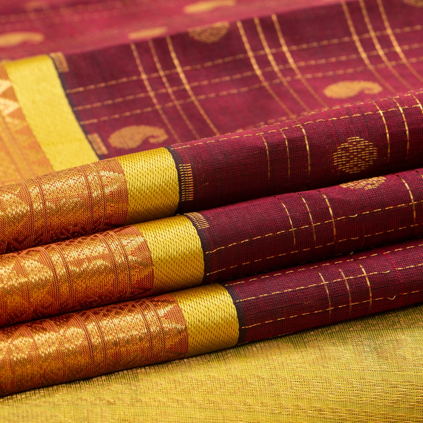 Maroon And Lemon Yellow Kanchi Silk Cotton Saree For Festive Wear VP SC 137