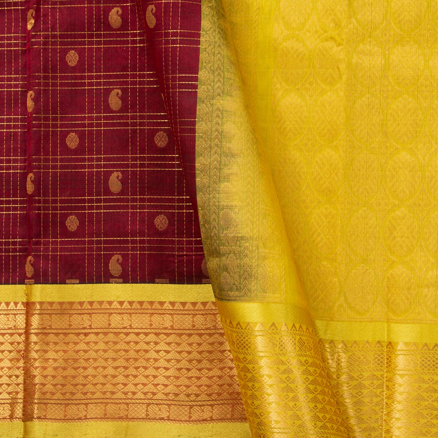 Maroon And Lemon Yellow Kanchi Silk Cotton Saree For Festive Wear VP SC 137
