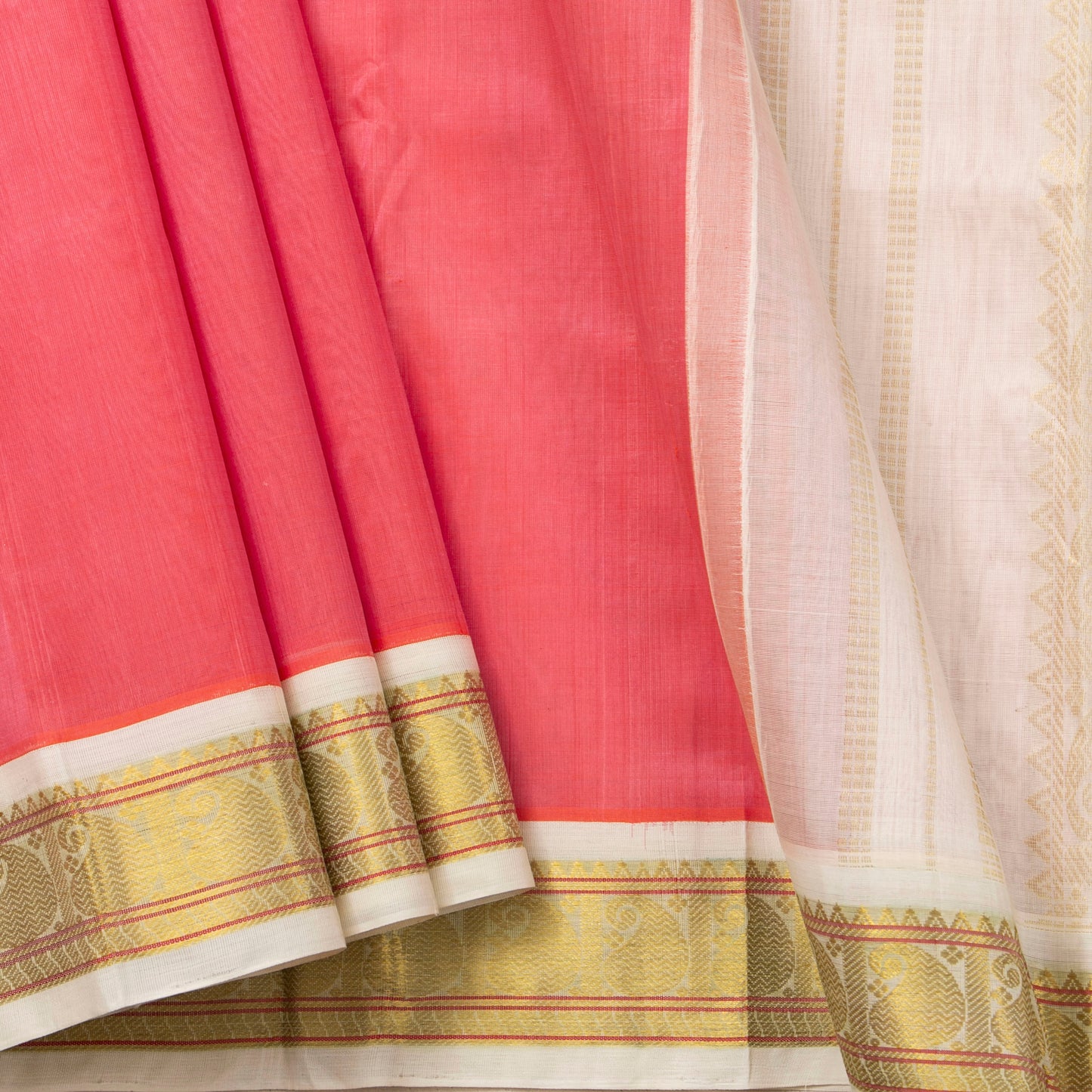 Peach And Off White Kanchi Silk Cotton Saree For Festive Wear VP SC 143