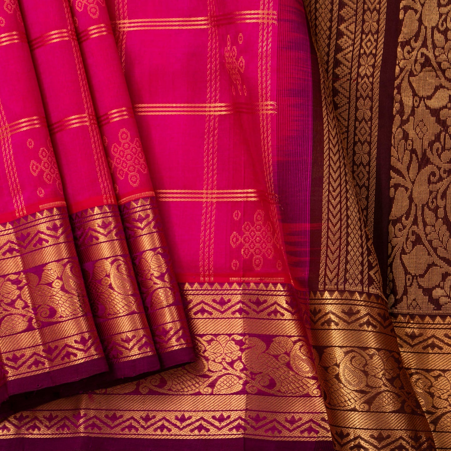 Pink And Maroon Kanchi Silk Cotton Saree With Zari Checks For Festive Wear VP SC 136