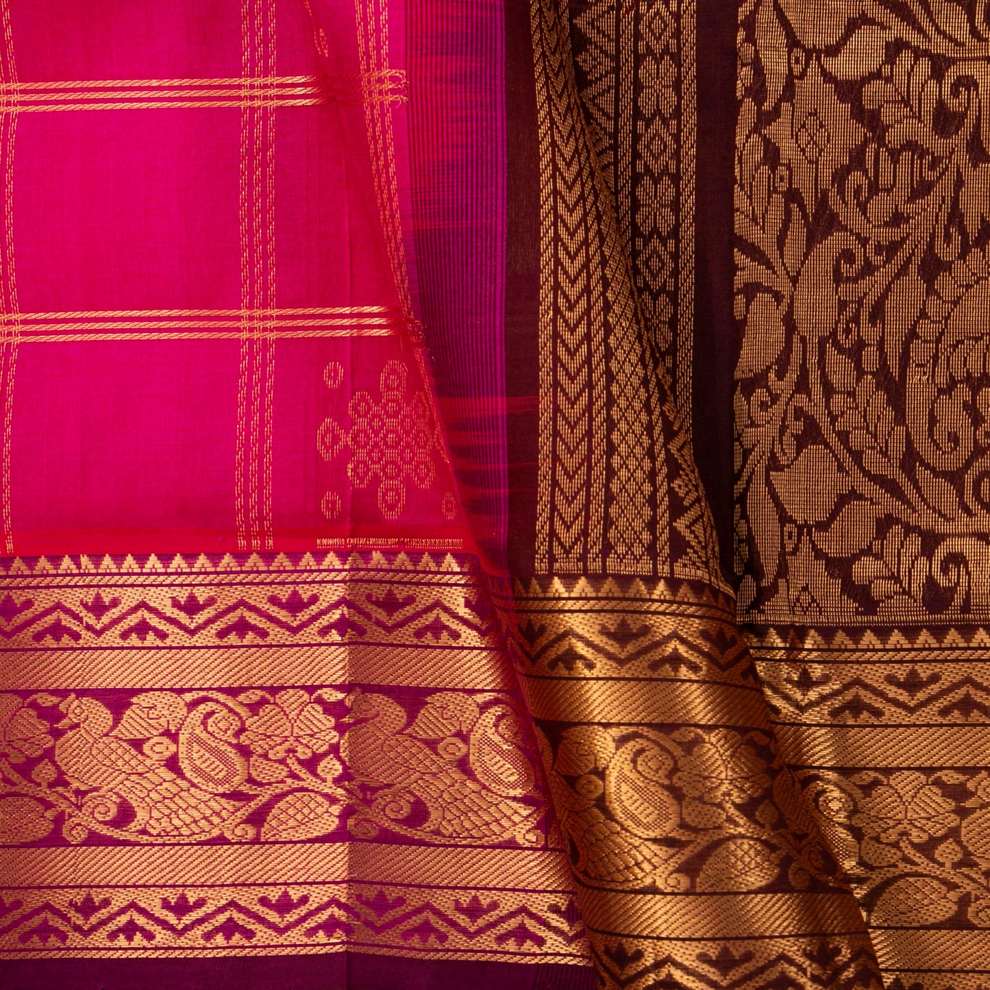 Pink And Maroon Kanchi Silk Cotton Saree With Zari Checks For Festive Wear VP SC 136