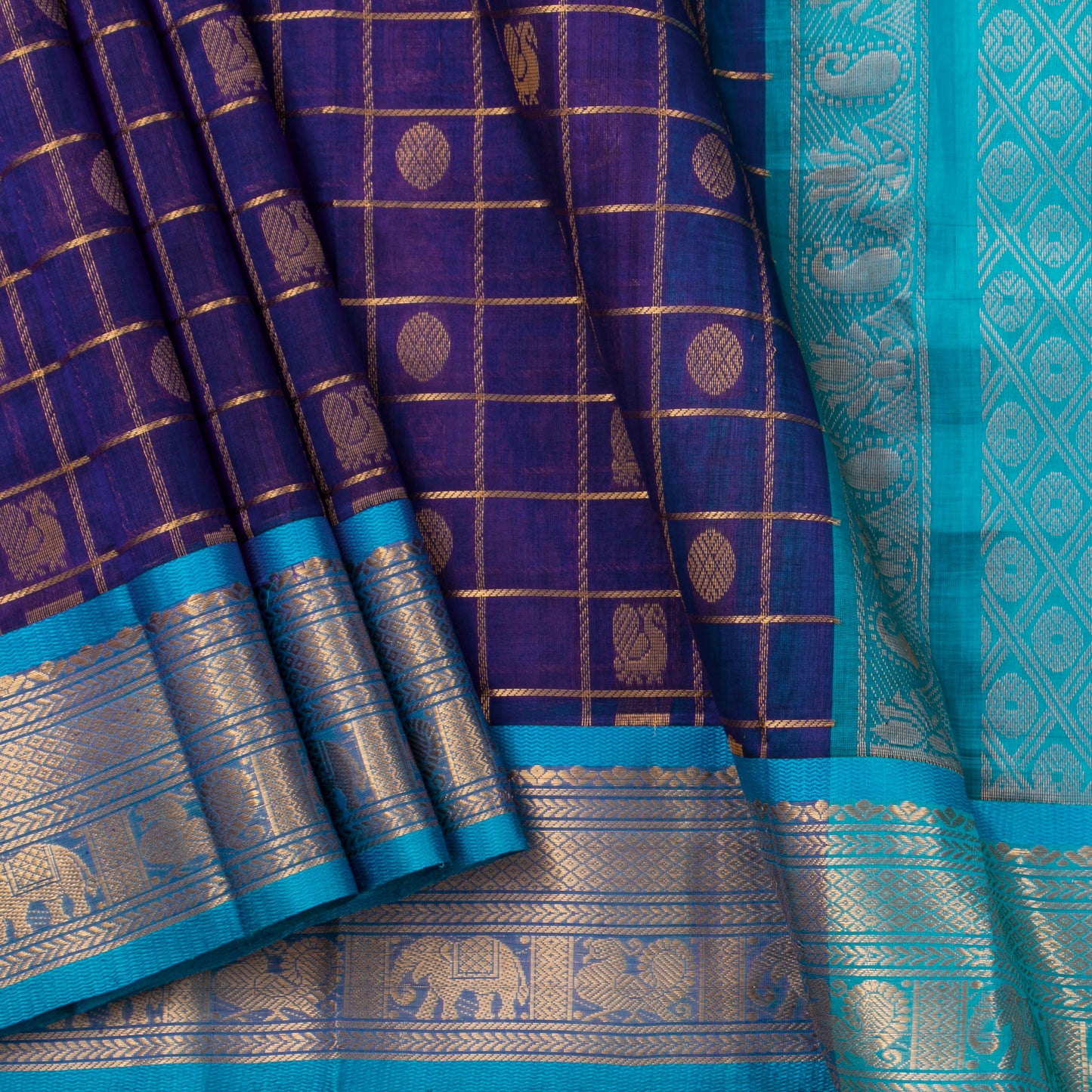 Purple And Ananda Blue Kanchi Silk Cotton Saree With Zari Checks For Festive Wear VP SC 138