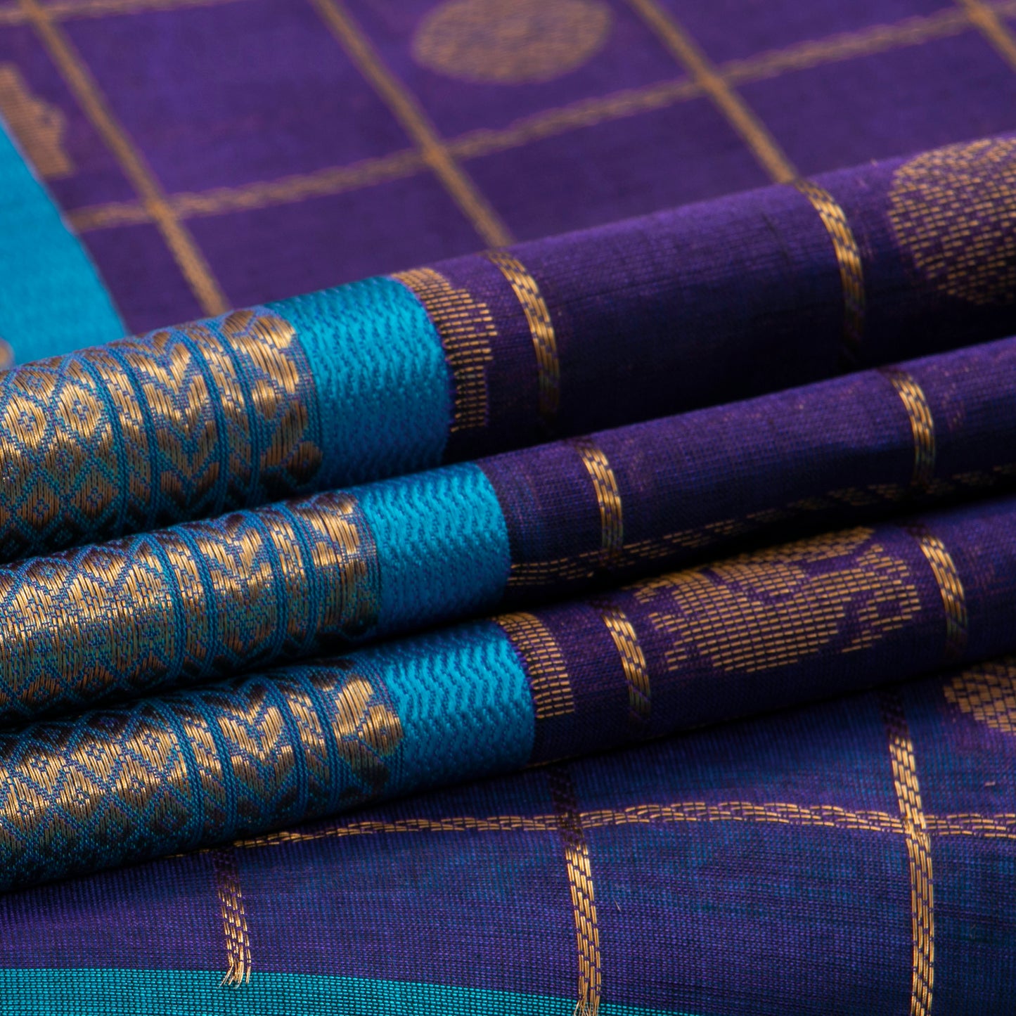 Purple And Ananda Blue Kanchi Silk Cotton Saree With Zari Checks For Festive Wear VP SC 138