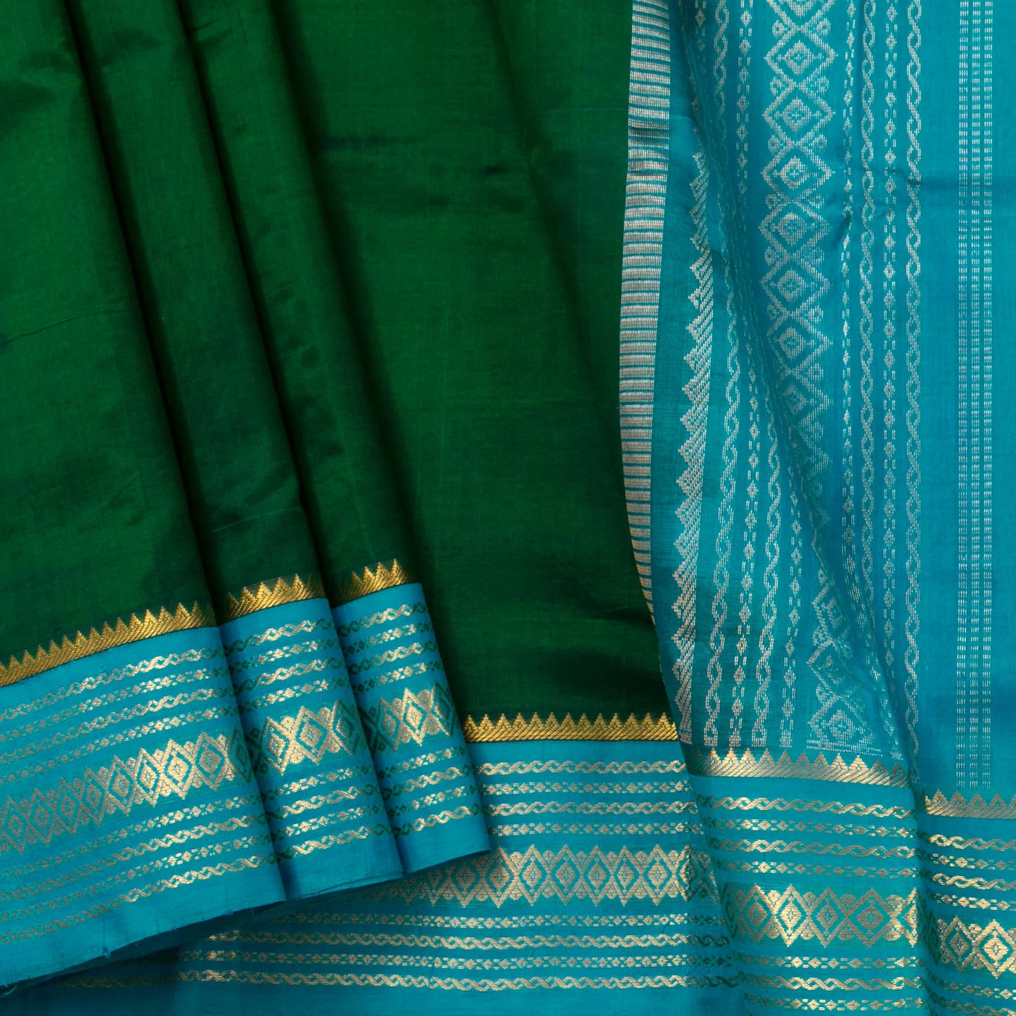 Bottle Green And Ananda Blue Kanchi Silk Cotton Saree With Korvai Border For Festive Wear VP SC 152