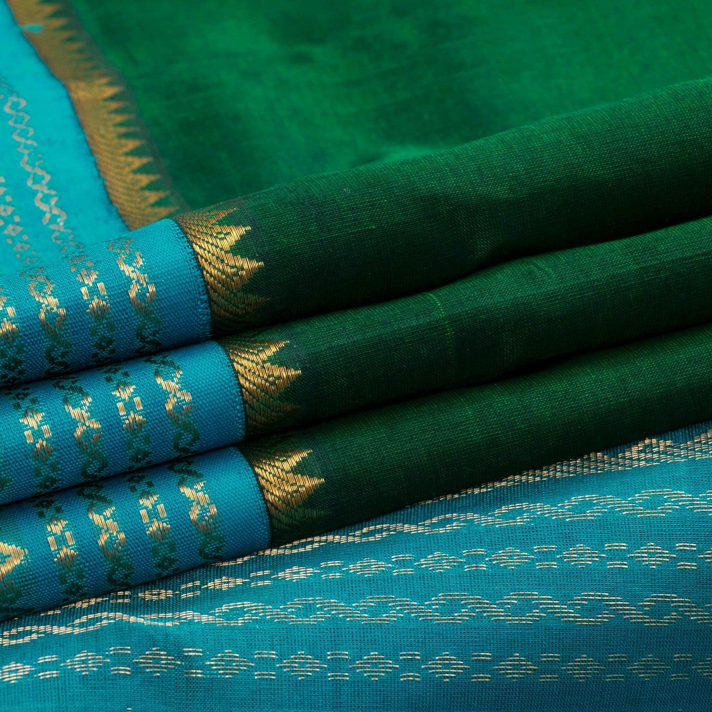 Bottle Green And Ananda Blue Kanchi Silk Cotton Saree With Korvai Border For Festive Wear VP SC 152