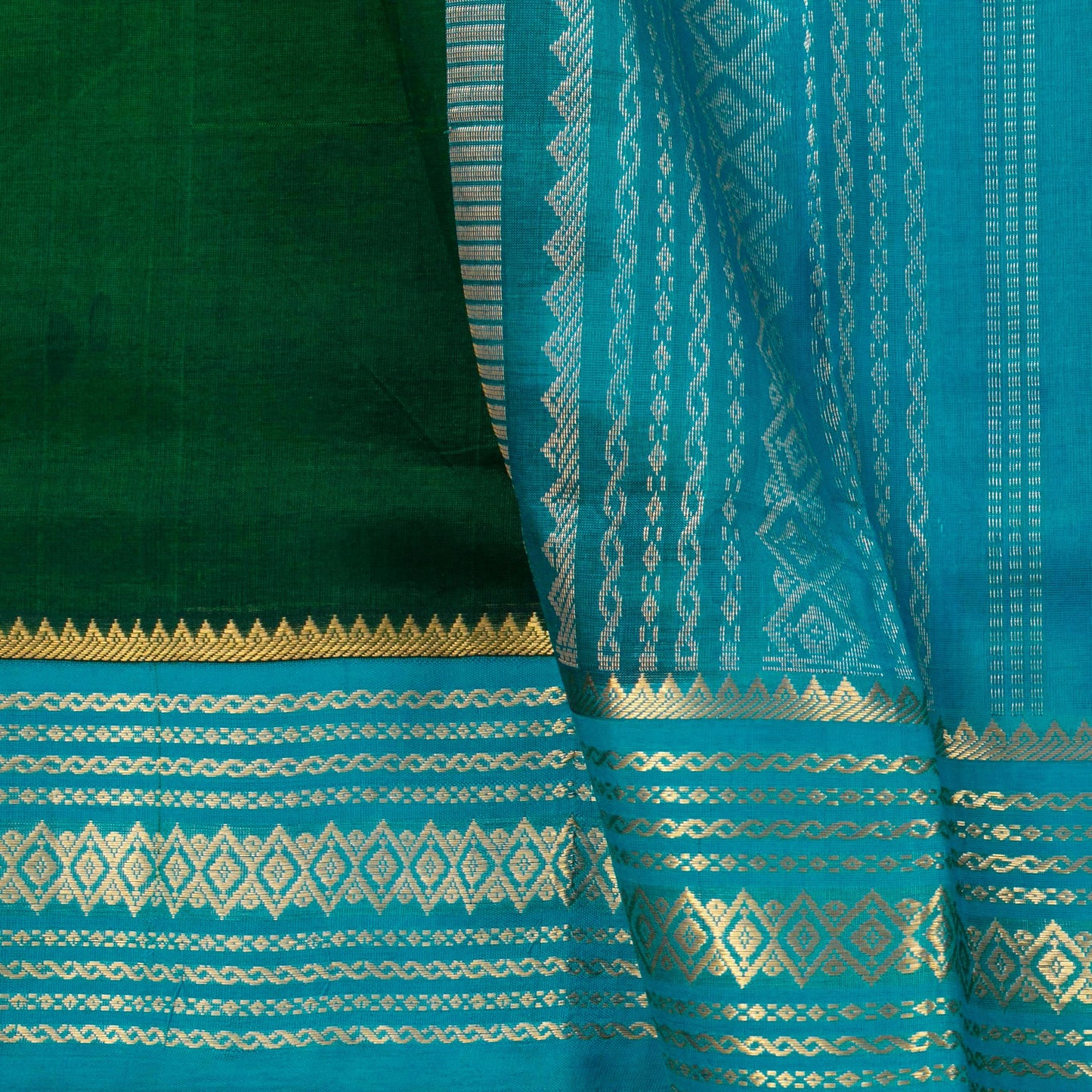 Bottle Green And Ananda Blue Kanchi Silk Cotton Saree With Korvai Border For Festive Wear VP SC 152