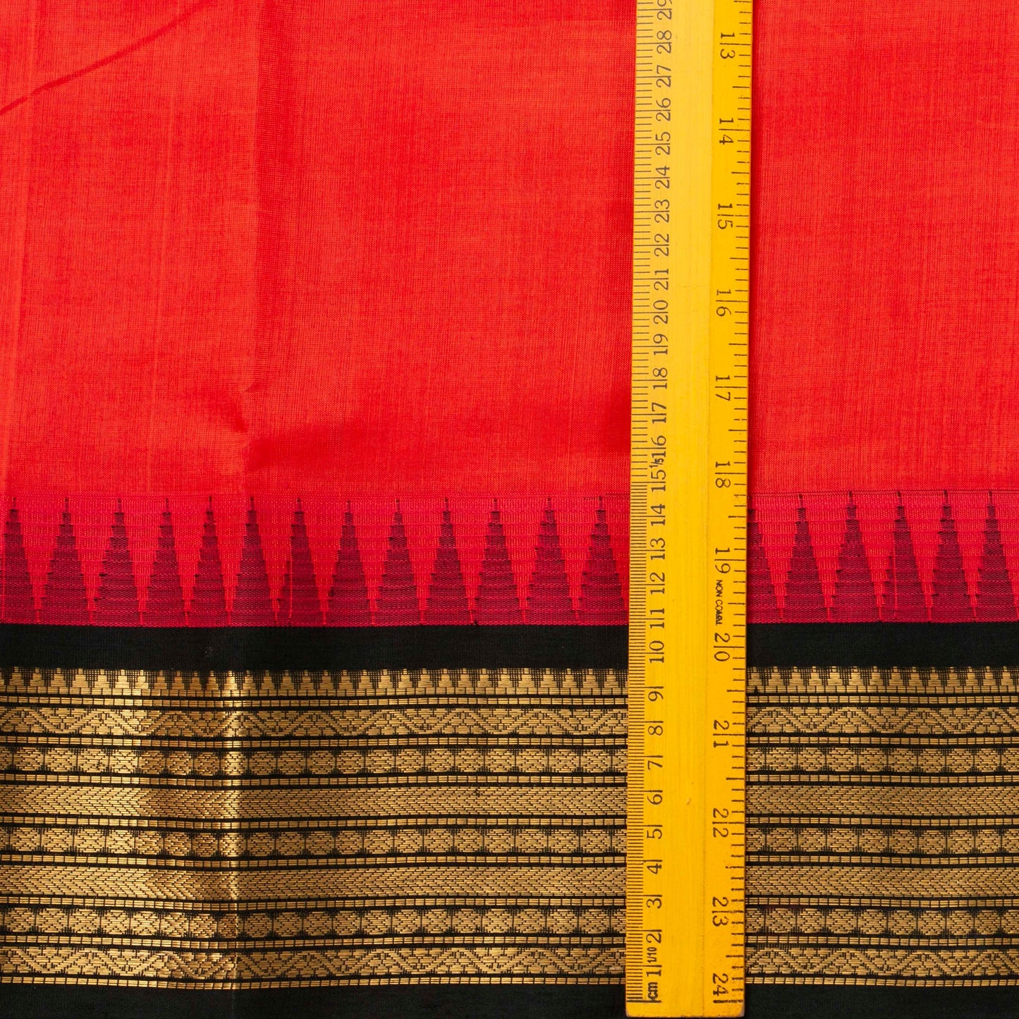 Red And Black Kanchi Silk Cotton Saree With Temple Korvai Border For Festive Wear VP SC 153
