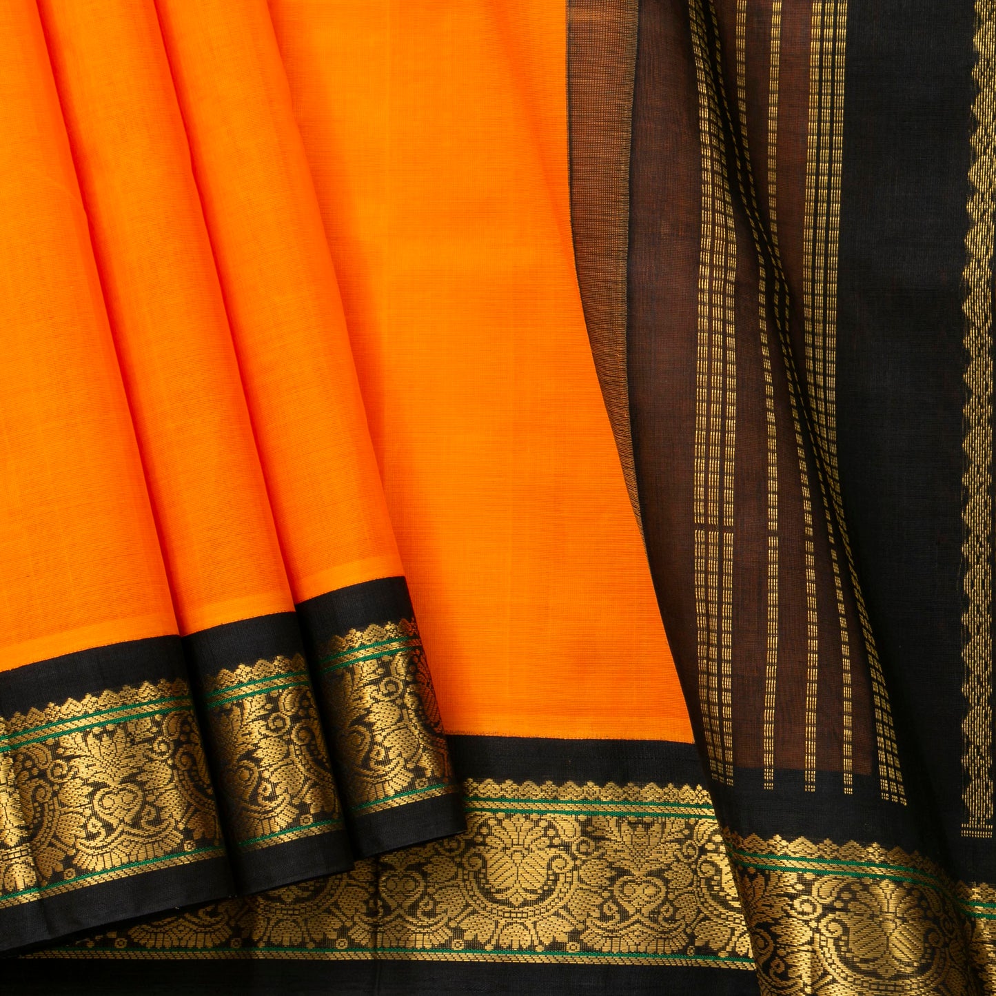 Orange And Black Kanchi Silk Cotton Saree For Festive Wear VP SC 146