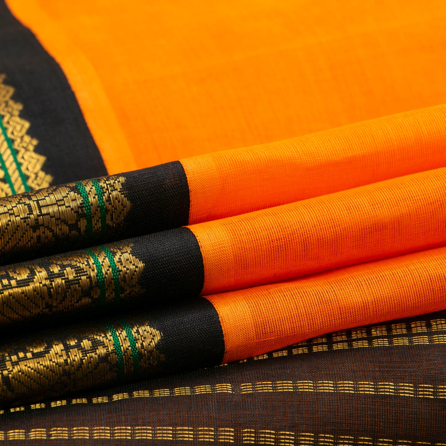 Orange And Black Kanchi Silk Cotton Saree For Festive Wear VP SC 146