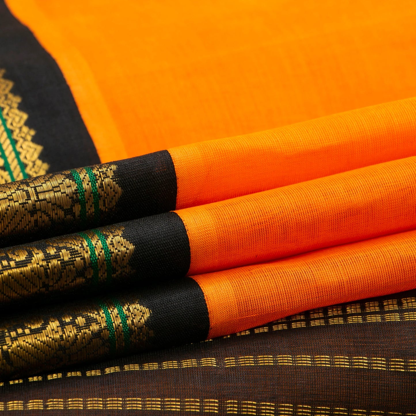 Orange And Black Kanchi Silk Cotton Saree For Festive Wear VP SC 146