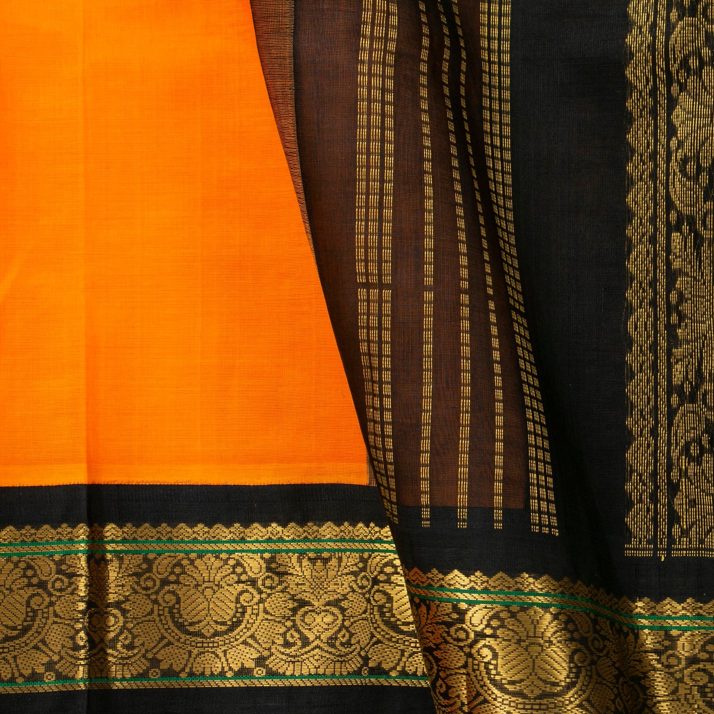 Orange And Black Kanchi Silk Cotton Saree For Festive Wear VP SC 146