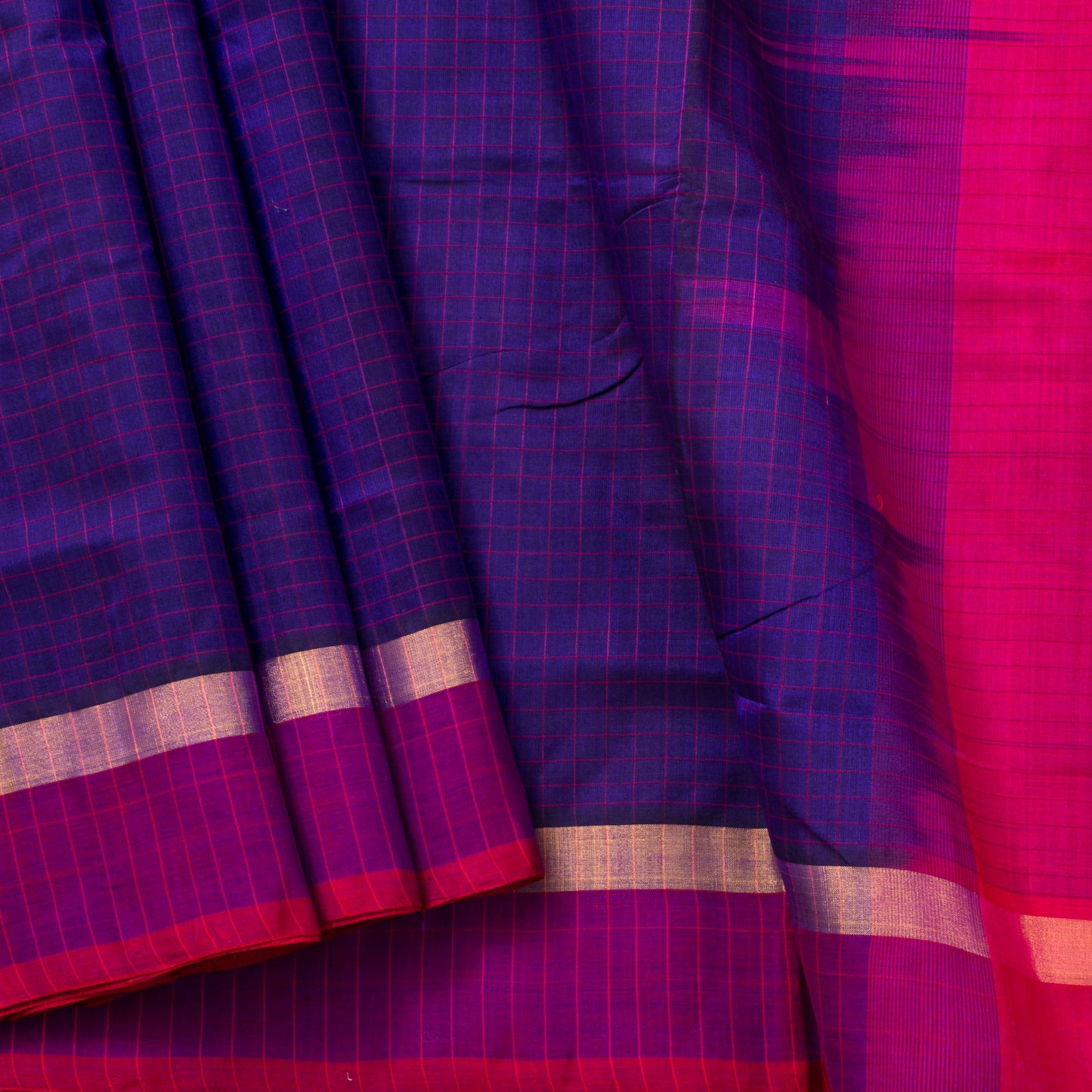Blue And Pink Kanchi Silk Cotton Saree With Zari Border For Office Wear VP SC 107