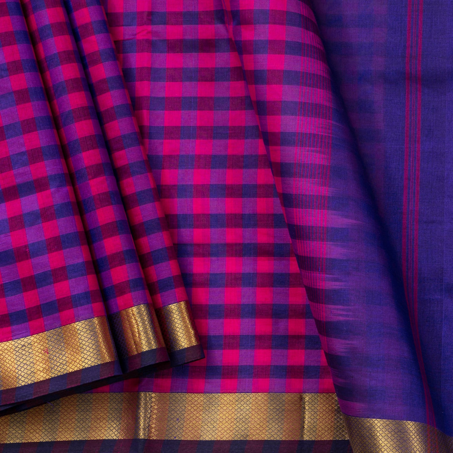 Blue And Pink Checks Kanchi Silk Cotton Saree For Office Wear VP SC 106