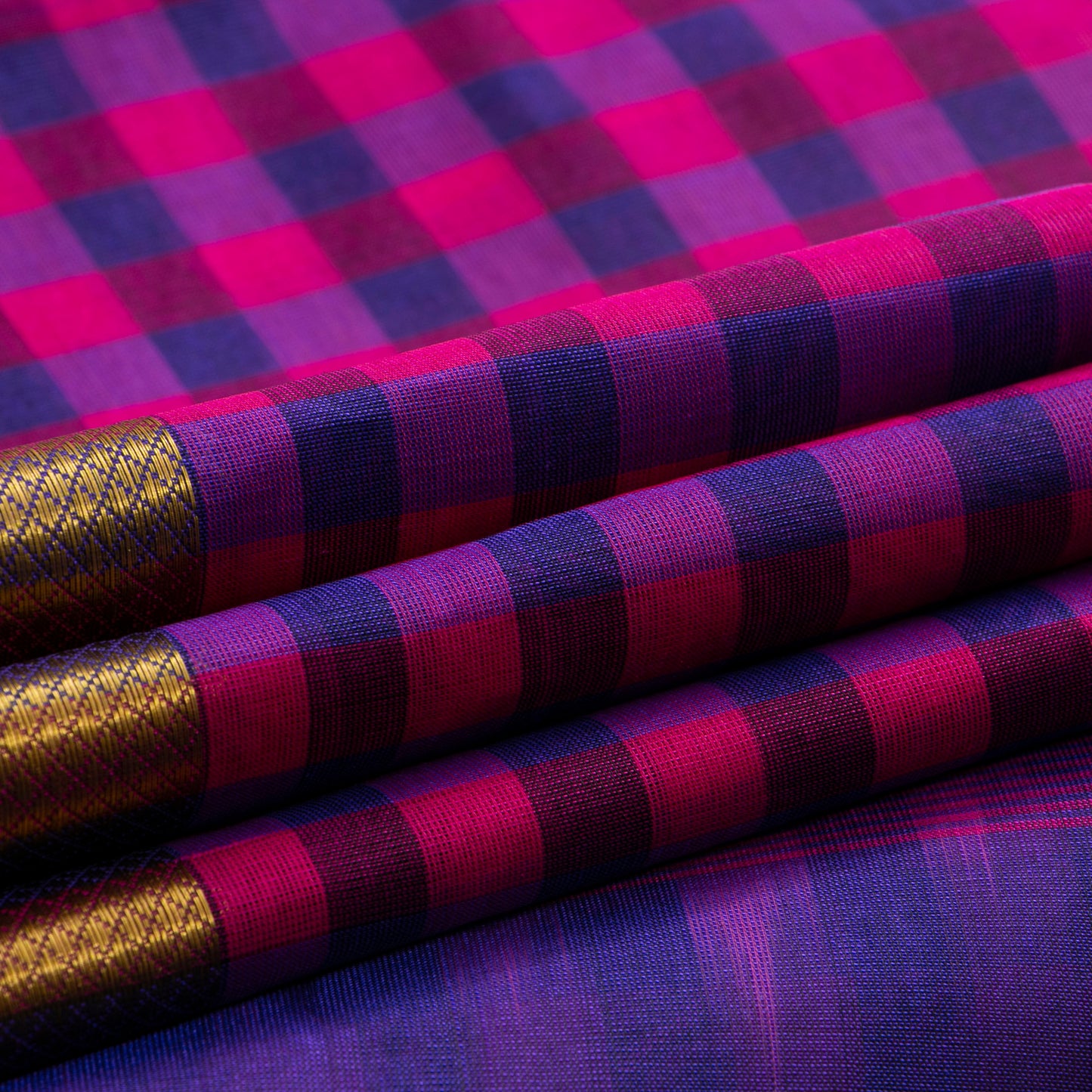 Blue And Pink Checks Kanchi Silk Cotton Saree For Office Wear VP SC 106