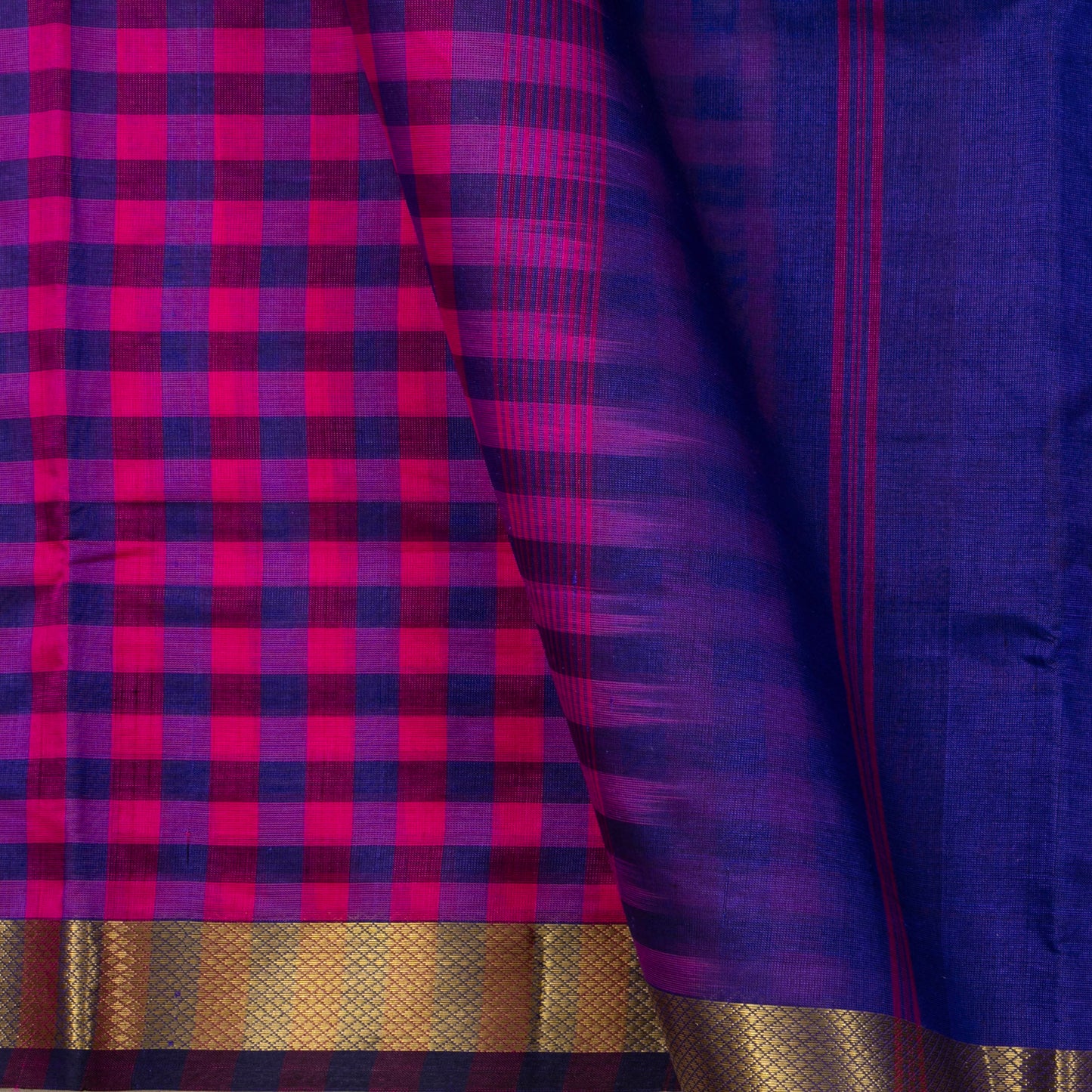Blue And Pink Checks Kanchi Silk Cotton Saree For Office Wear VP SC 106