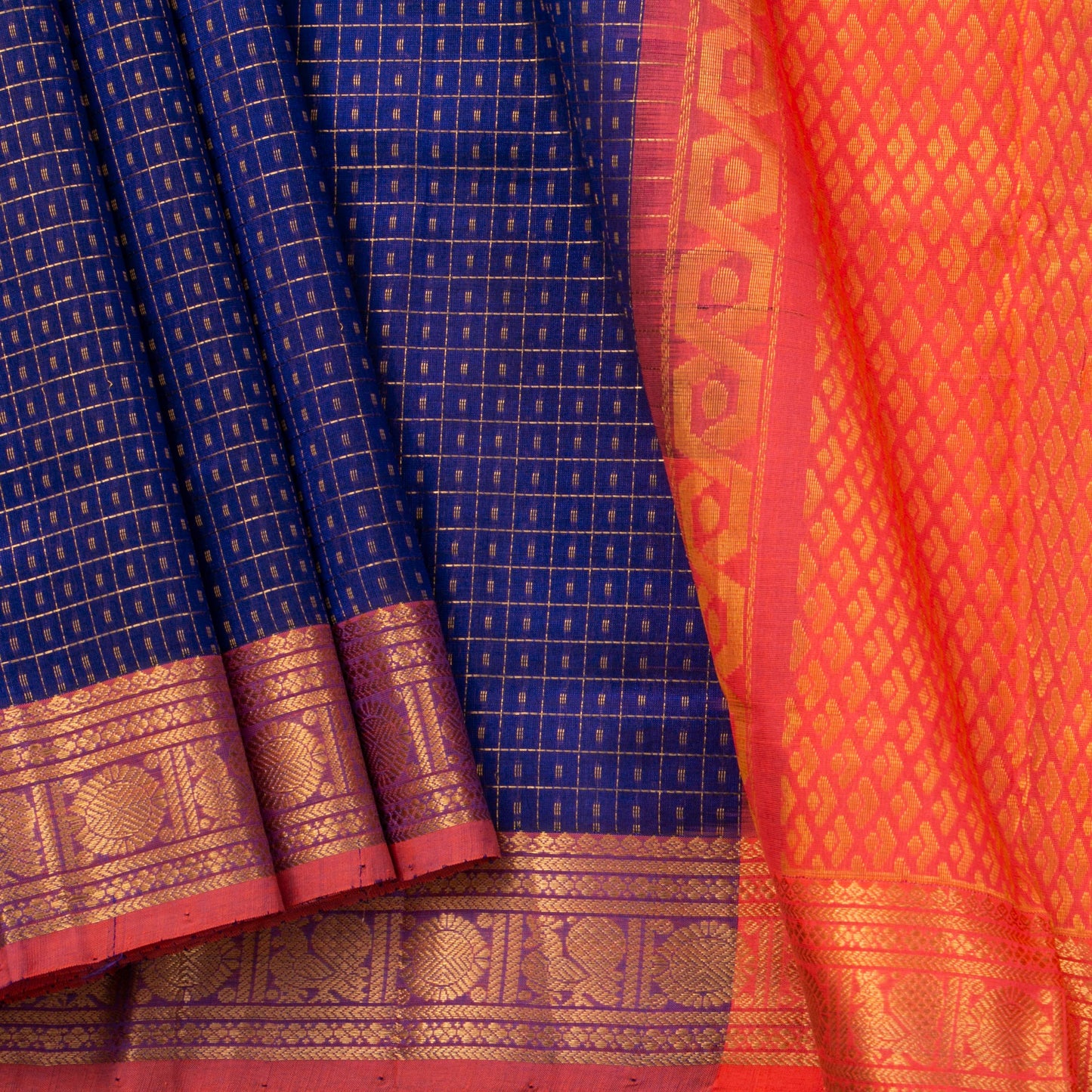 Royal Blue And Peach Lakshadeepam Kanchi Silk Cotton Saree For Festive Wear VP SC 109