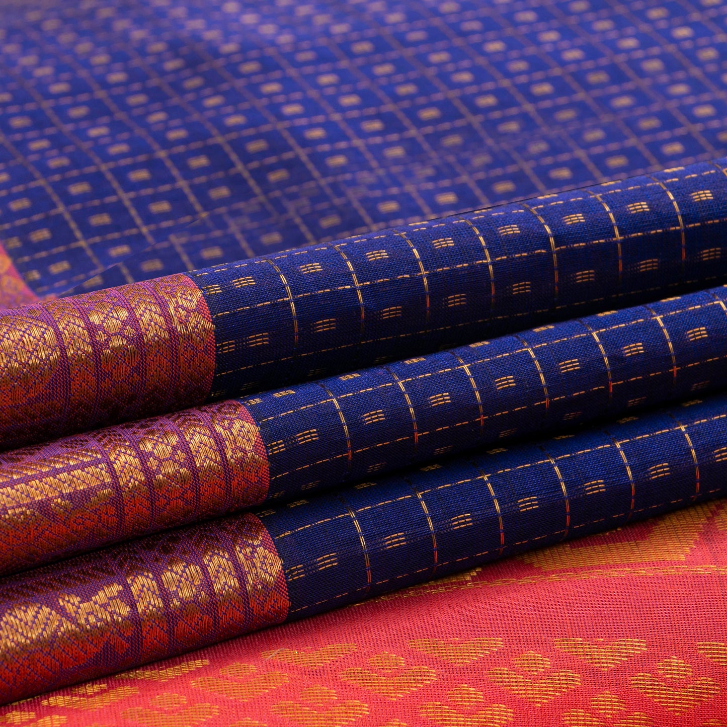 Royal Blue And Peach Lakshadeepam Kanchi Silk Cotton Saree For Festive Wear VP SC 109