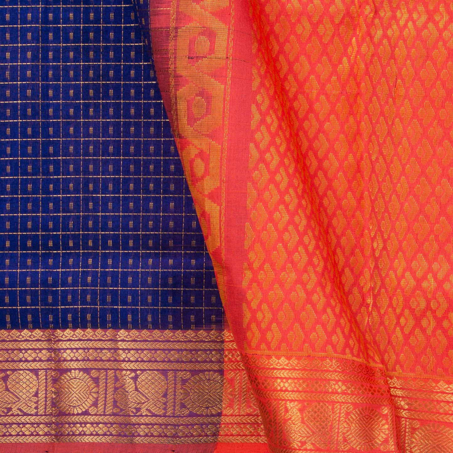 Royal Blue And Peach Lakshadeepam Kanchi Silk Cotton Saree For Festive Wear VP SC 109