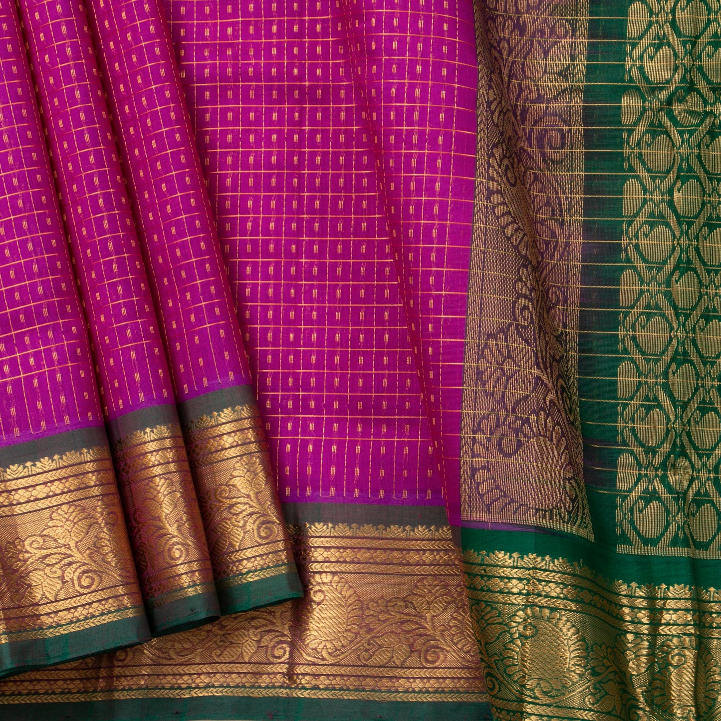 Magenta And Bottle Green Lakshadeepam Kanchi Silk Cotton Saree For Festive Wear VP SC 110