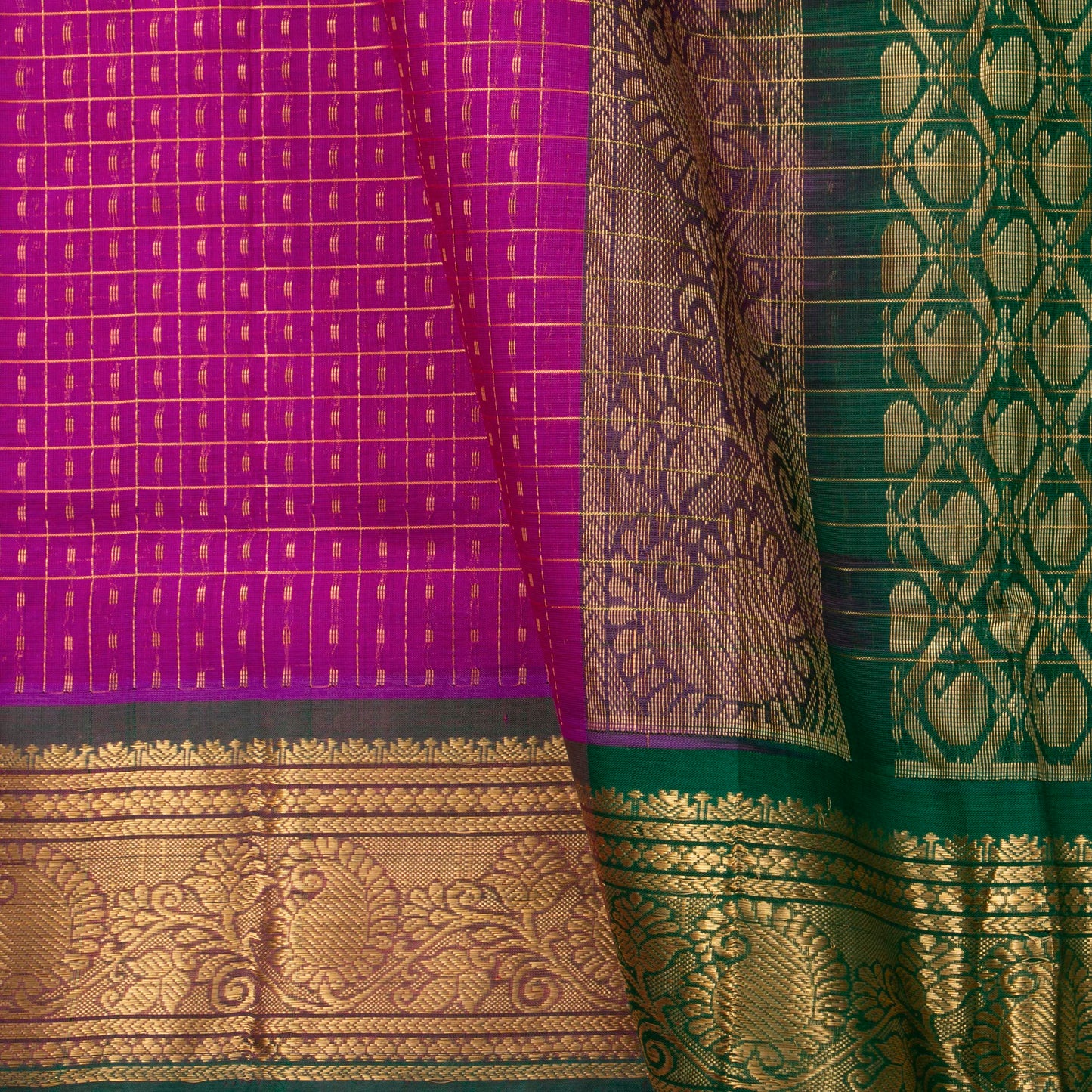 Magenta And Bottle Green Lakshadeepam Kanchi Silk Cotton Saree For Festive Wear VP SC 110