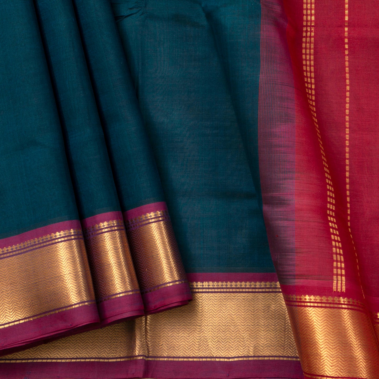 Ramar Green And Red Kanchi Silk Cotton Saree With Zari Border For Festive Wear VP SC 104