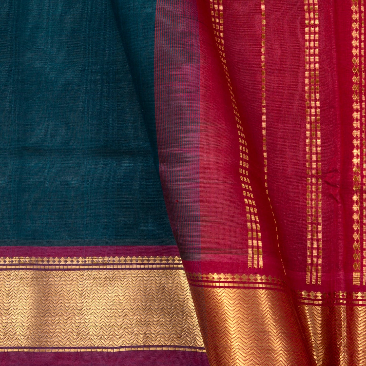 Ramar Green And Red Kanchi Silk Cotton Saree With Zari Border For Festive Wear VP SC 104