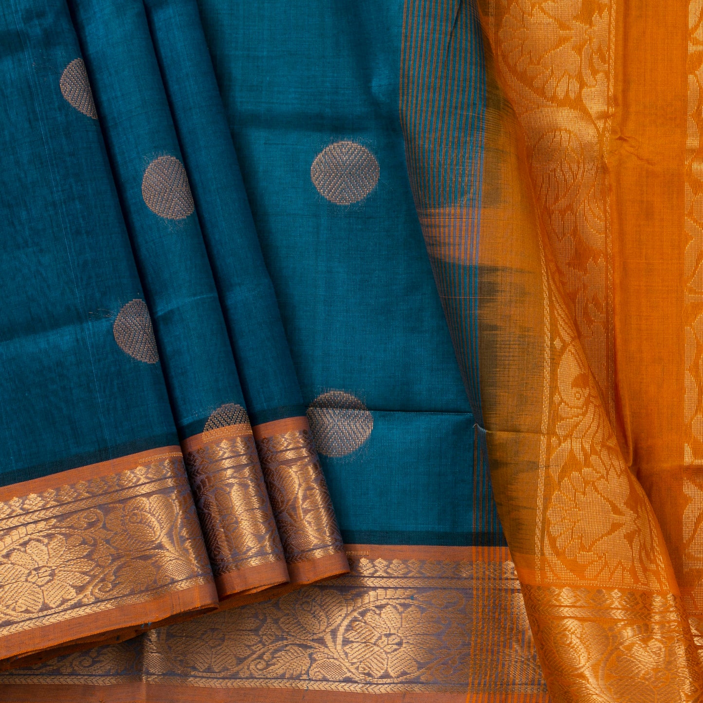 Ramar Blue And Mustard Kanchi Silk Cotton Saree WIth Korvai Zari Border For Festive Wear VP SC 113