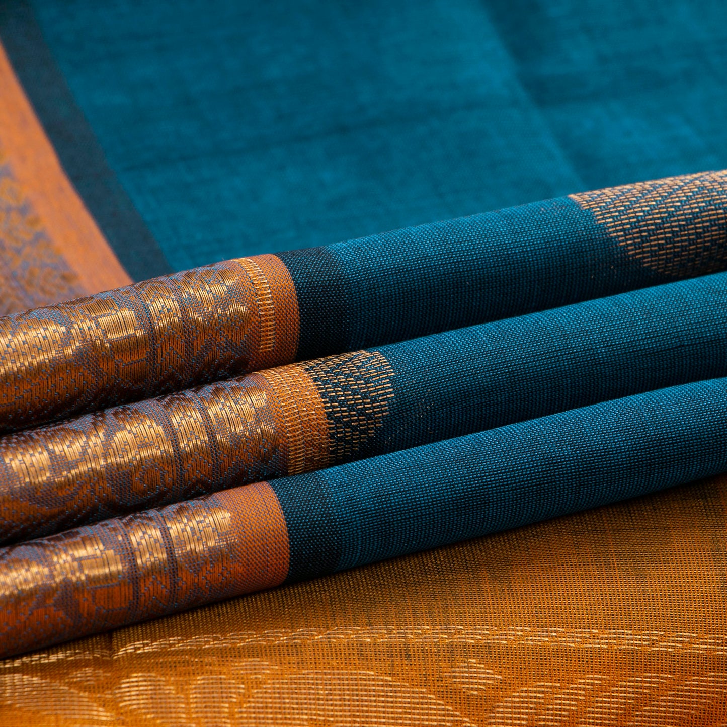 Ramar Blue And Mustard Kanchi Silk Cotton Saree WIth Korvai Zari Border For Festive Wear VP SC 113