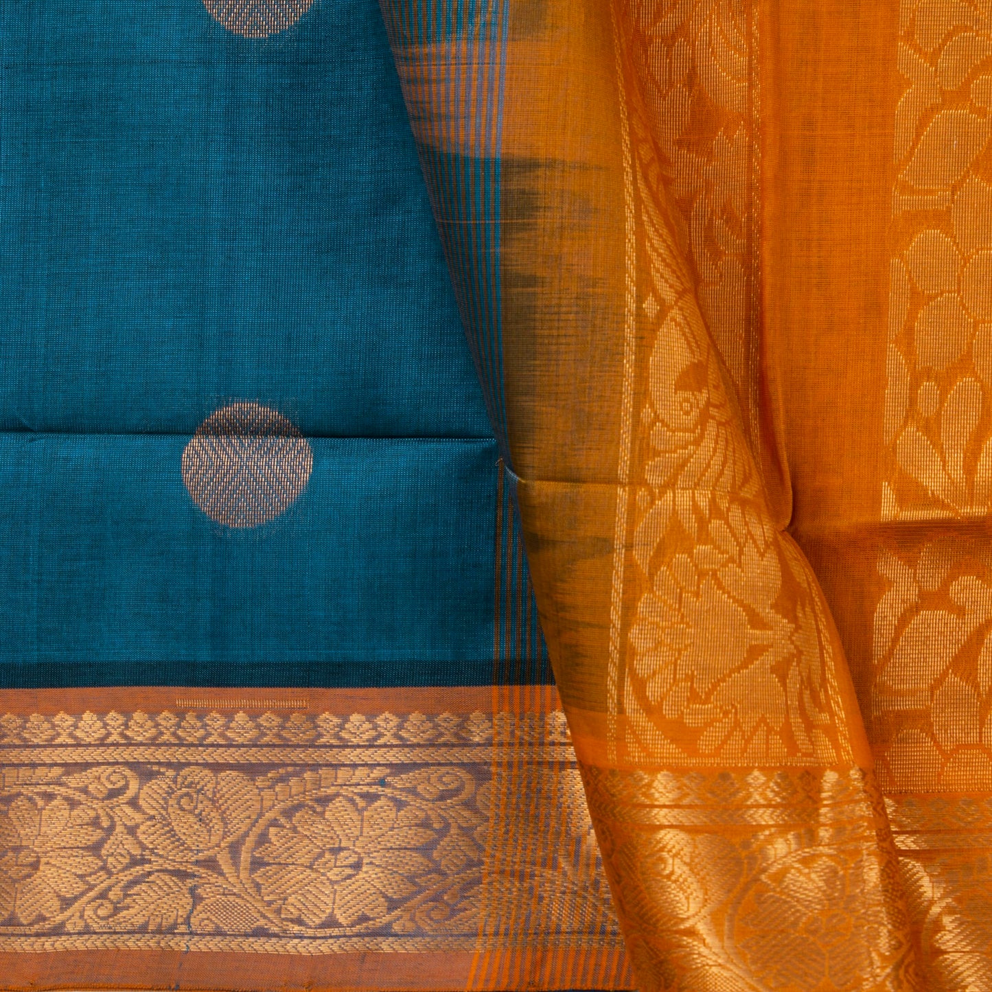 Ramar Blue And Mustard Kanchi Silk Cotton Saree WIth Korvai Zari Border For Festive Wear VP SC 113