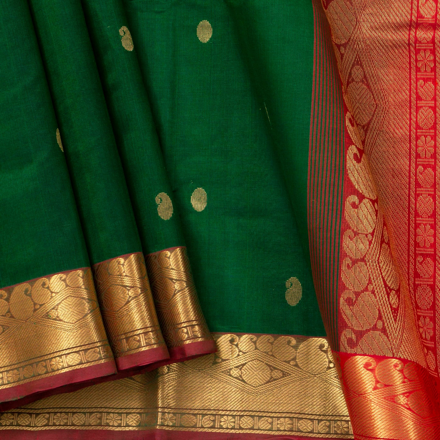 Bottle Green And Red Kanchi Silk Cotton Saree With Zari Border For Festive Wear VP SC 115
