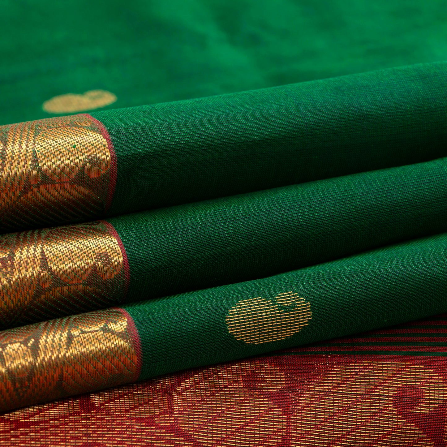 Bottle Green And Red Kanchi Silk Cotton Saree With Zari Border For Festive Wear VP SC 115