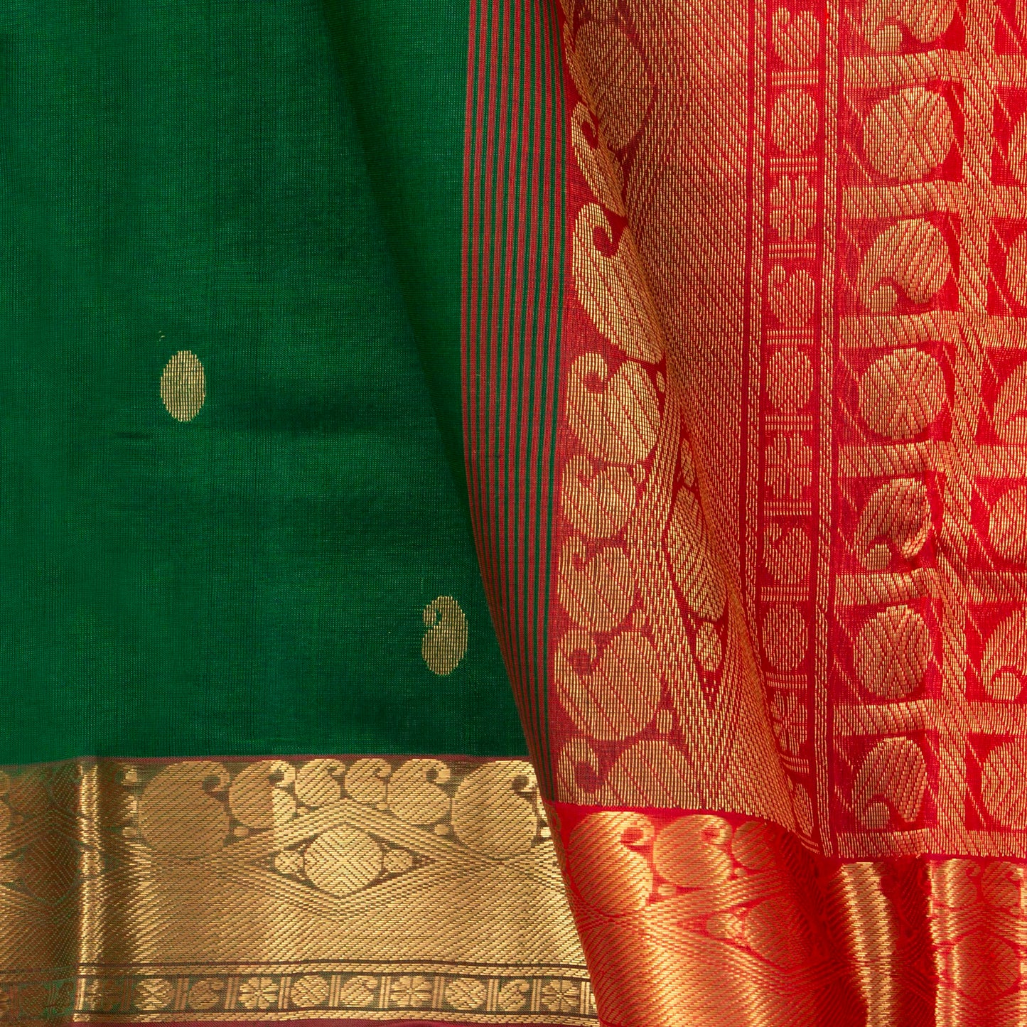 Bottle Green And Red Kanchi Silk Cotton Saree With Zari Border For Festive Wear VP SC 115