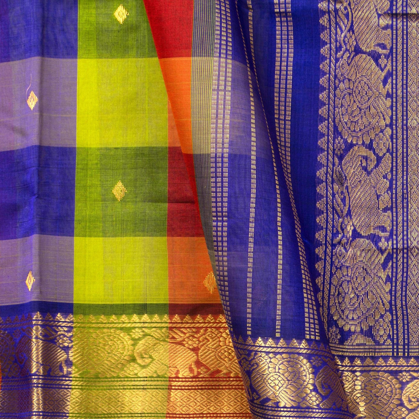 Multicolour Checks Kanchi Silk Cotton Saree For Festive Wear VP SC 111