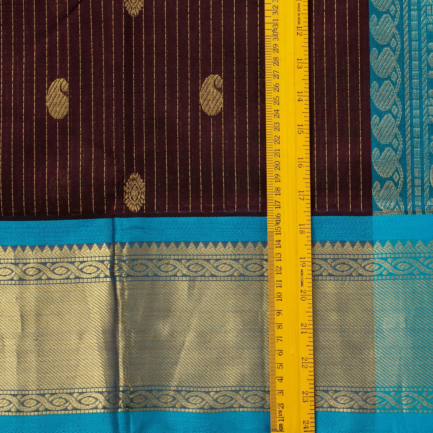 Brown And Ananda Blue Kanchi Silk Cotton Saree With Zari Stripes For Festive Wear VP SC 118