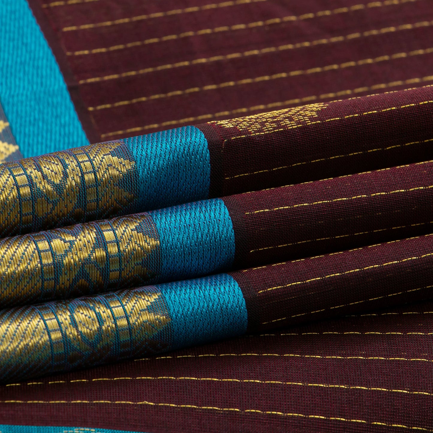 Brown And Ananda Blue Kanchi Silk Cotton Saree With Zari Stripes For Festive Wear VP SC 118