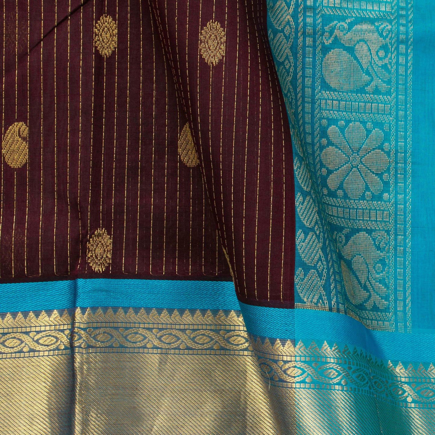 Brown And Ananda Blue Kanchi Silk Cotton Saree With Zari Stripes For Festive Wear VP SC 118