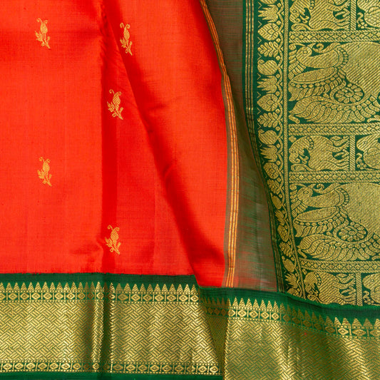 Orange And Green Kanchipuram Silk Saree For Festive Wear PV J 1899