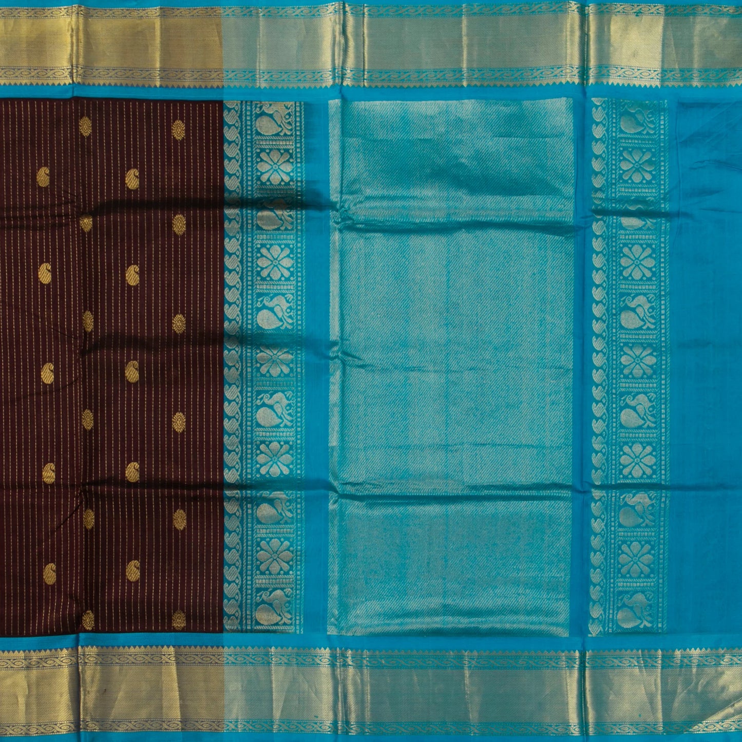Brown And Ananda Blue Kanchi Silk Cotton Saree With Zari Stripes For Festive Wear VP SC 118