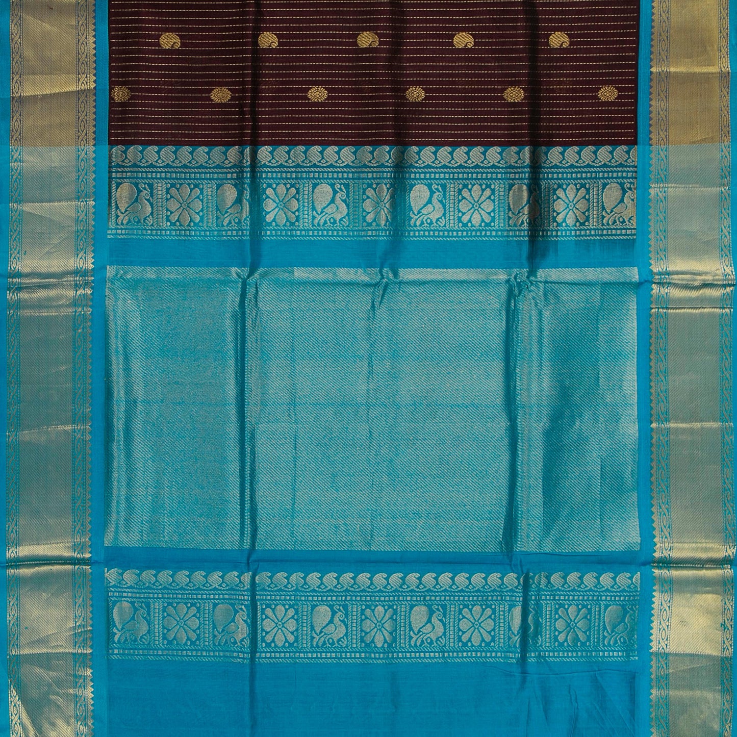 Brown And Ananda Blue Kanchi Silk Cotton Saree With Zari Stripes For Festive Wear VP SC 118